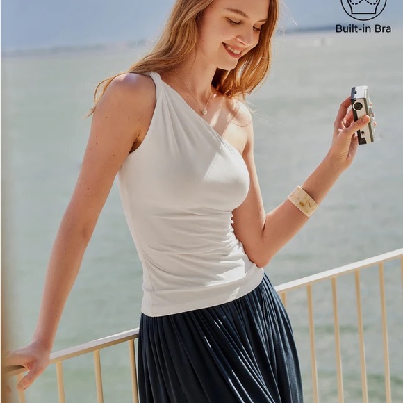 OGL Tops - OGL White One-Shoulder Tank Top with Built-In Bra
